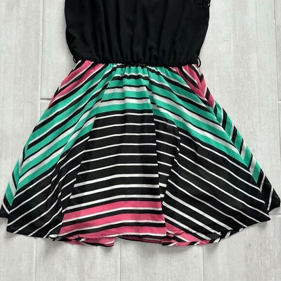 Candie's Lattice Dress Fit & Flare Black with Pink Teal Stripes Medium Mini 2010 - Picture 8 of 8